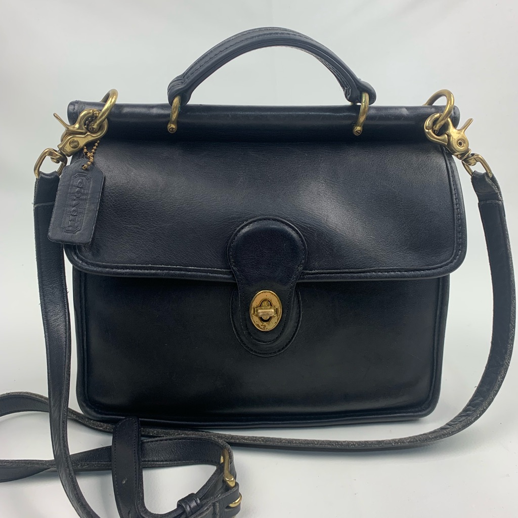 Vintage Coach Willis Black Leather Satchel Shoulder Bag Brass Hardware Hang Tag